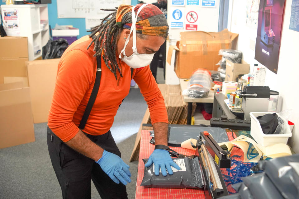 3crowd employees make full face  PPE Shields protective  visors for the NHS staff   at their factory in Sheffield, England, on 23 April 2020. (Photo by Giannis Alexopoulos/NurPhoto via Getty Images)