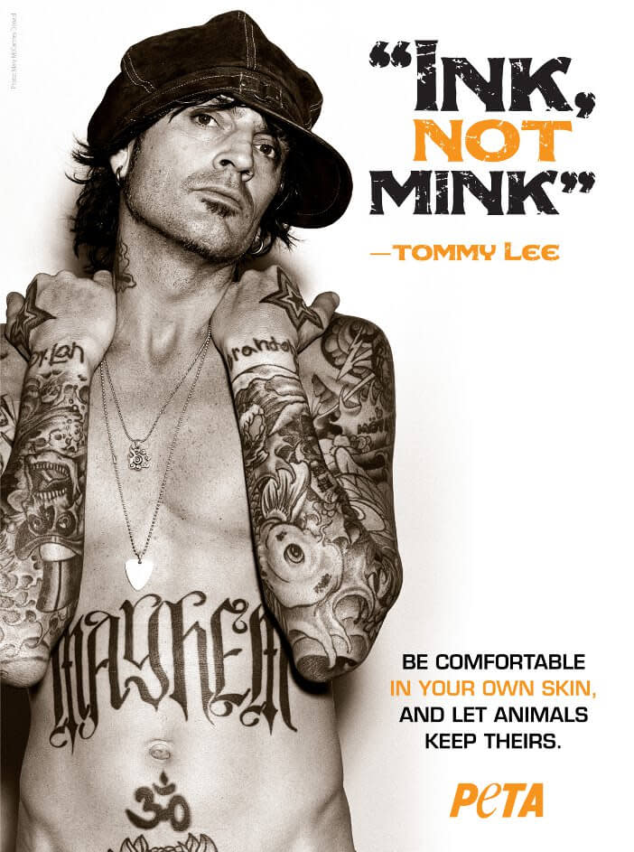 Tommy Lee stripped down for a classic PETA ad opposing the use of mink. (Photo: PETA)