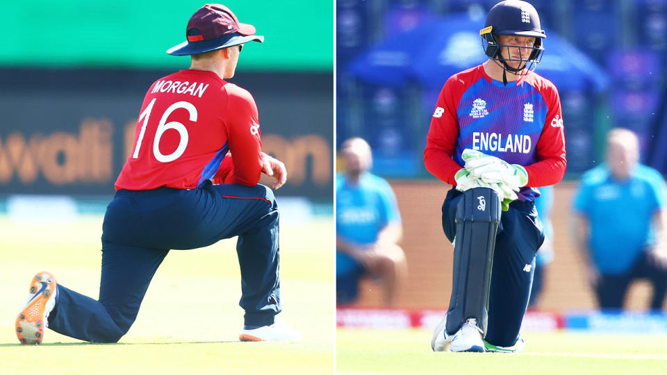 England players Eoin Morgan and Jos Buttler, pictured here taking a knee at the T20 World Cup.