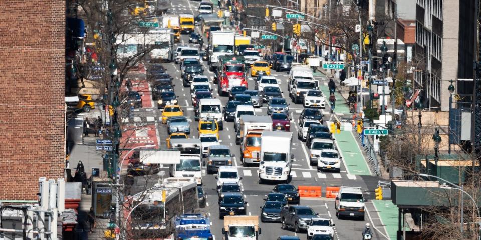 Cars fill Midtown amid the coronavirus pandemic on March 19, 2021 in New York City.