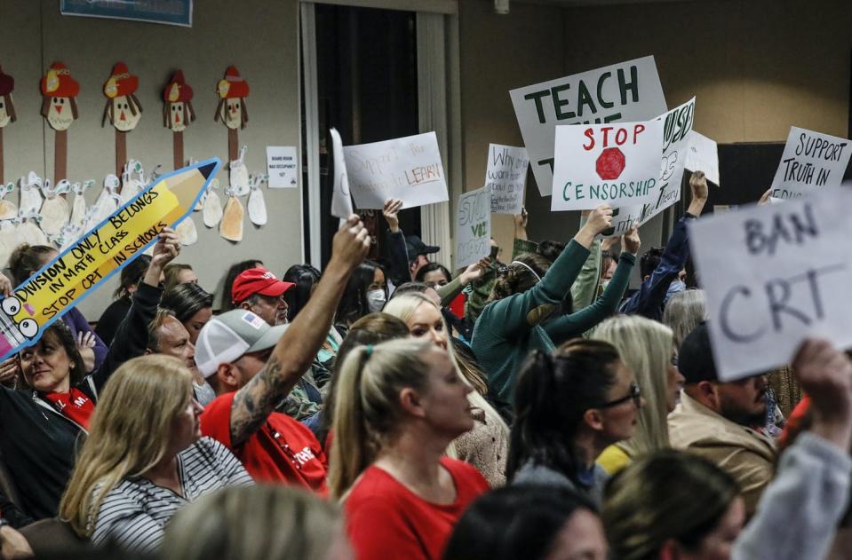 <span class="caption">An even mix of proponents and opponents to teaching critical race theory attend a Placentia-Yorba Linda school board meeting in California.</span> <span class="attribution"><a class="link " href="https://www.gettyimages.com/detail/news-photo/yorba-linda-ca-tuesday-november-16-2021-an-even-mix-of-news-photo/1236621349?adppopup=true" rel="nofollow noopener" target="_blank" data-ylk="slk:Robert Gauthier/Los Angeles Times via Getty Images;elm:context_link;itc:0;sec:content-canvas">Robert Gauthier/Los Angeles Times via Getty Images</a></span>