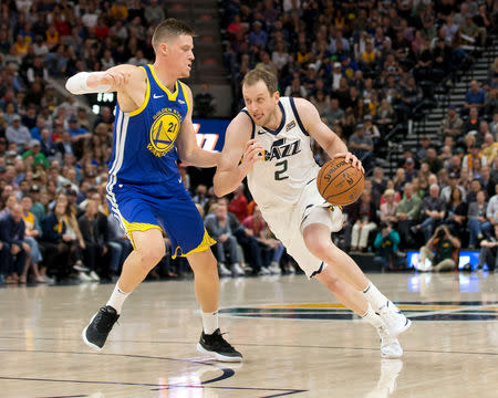 FILE PHOTO: Oct 19, 2018; Salt Lake City, UT, USA; Utah Jazz forward Joe Ingles (2) dribbles the ball against Golden State Warriors forward Jonas Jerebko (21) during the second half at Vivint Smart Home Arena. Mandatory Credit: Russ Isabella-USA TODAY Sports