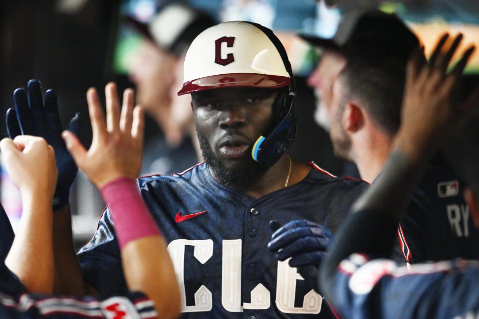 Guardians right fielder Jhonkensy Noel celebrates after hitting a home run against the Pirates Aug. 30. Noel's favorite traditional dish from his country is sancocho, which is a multi-meat soup that includes potatoes, vegetables, corn, rice and avocado.