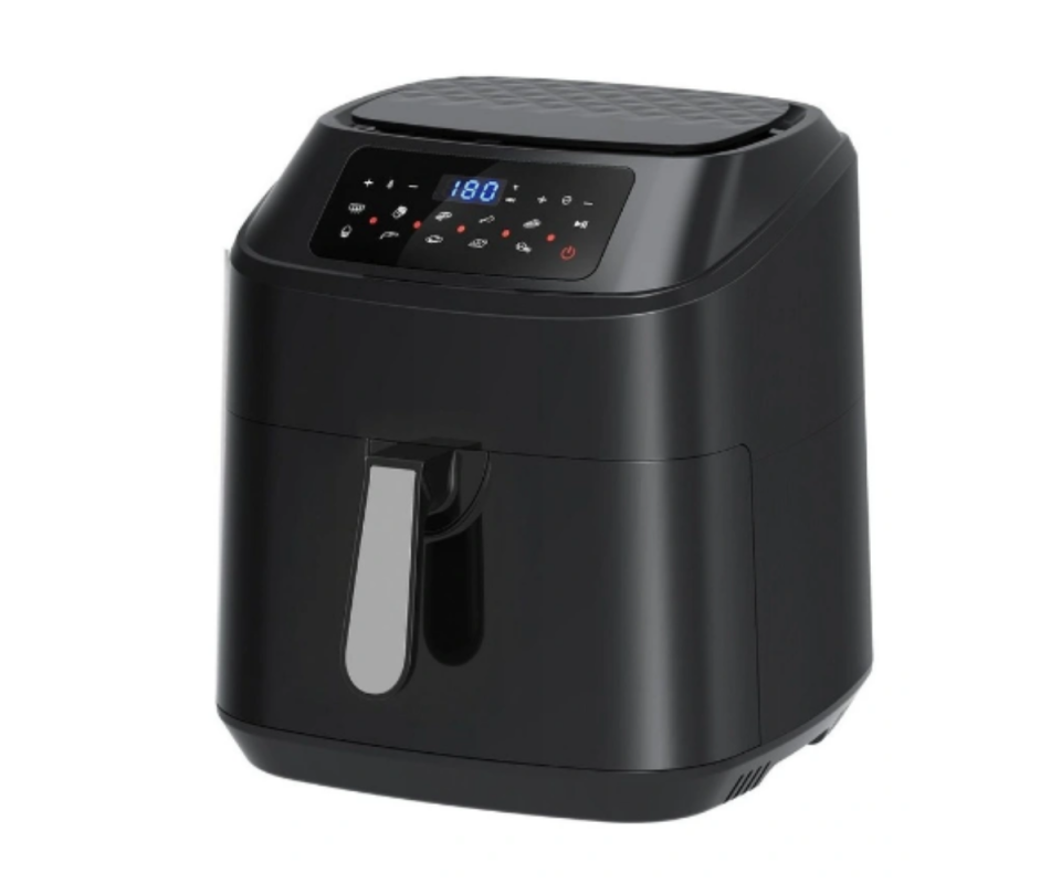 Kitchen Couture's 11.5 litre Air Fryer in black against a white background with a silver handle on the front and a blue and red LED display screen on the top.