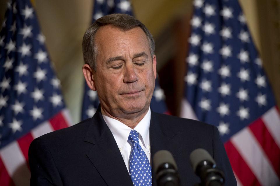 U.S. House Speaker John Boehner, a Republican, on Oct. 8, 2013, the eighth day of a government shutdown over the debt limit crisis. <a href="https://www.gettyimages.com/detail/news-photo/speaker-of-the-house-john-boehner-speaks-at-the-us-capitol-news-photo/183655358?adppopup=true" rel="nofollow noopener" target="_blank" data-ylk="slk:Saul Loeb/AFP via Getty Images;elm:context_link;itc:0;sec:content-canvas" class="link ">Saul Loeb/AFP via Getty Images</a>