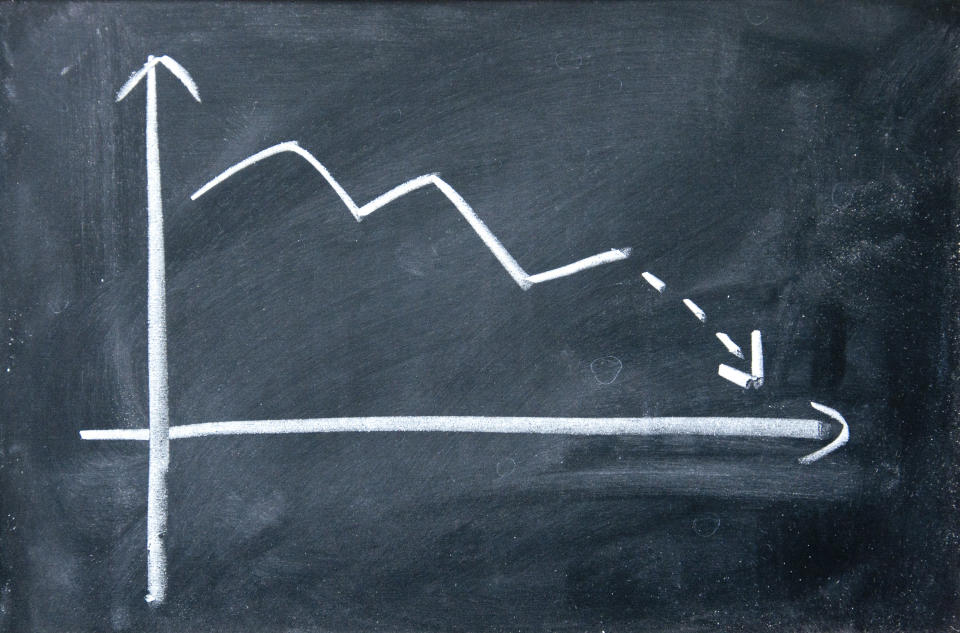 Chalkboard chart showing a downward-pointing trend line.