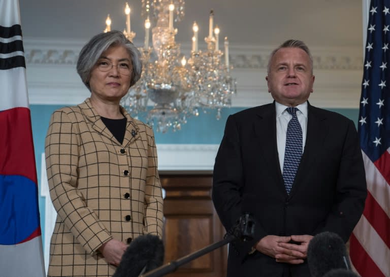 South Korean Foreign Minister Kang Kyung-wha (L) met with US Deputy Secretary of State John Sullivan at the State Department on Friday