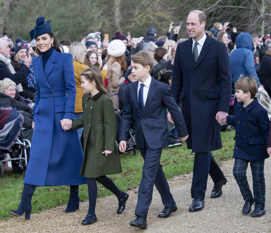 SANDRINGHAM, NORFOLK - DECEMBER 25: Catherine, Princess of Wales (L) and Prince William, Prince of Wales (2nd R) with Prince Louis of Wales (R), Prince George of Wales (C) and Princess Charlotte of Wales (2nd L) attend the Christmas Day service at St Mary Magdalene Church on December 25, 2023 in Sandringham, Norfolk.<p>Mark Cuthbert/Getty Images</p>