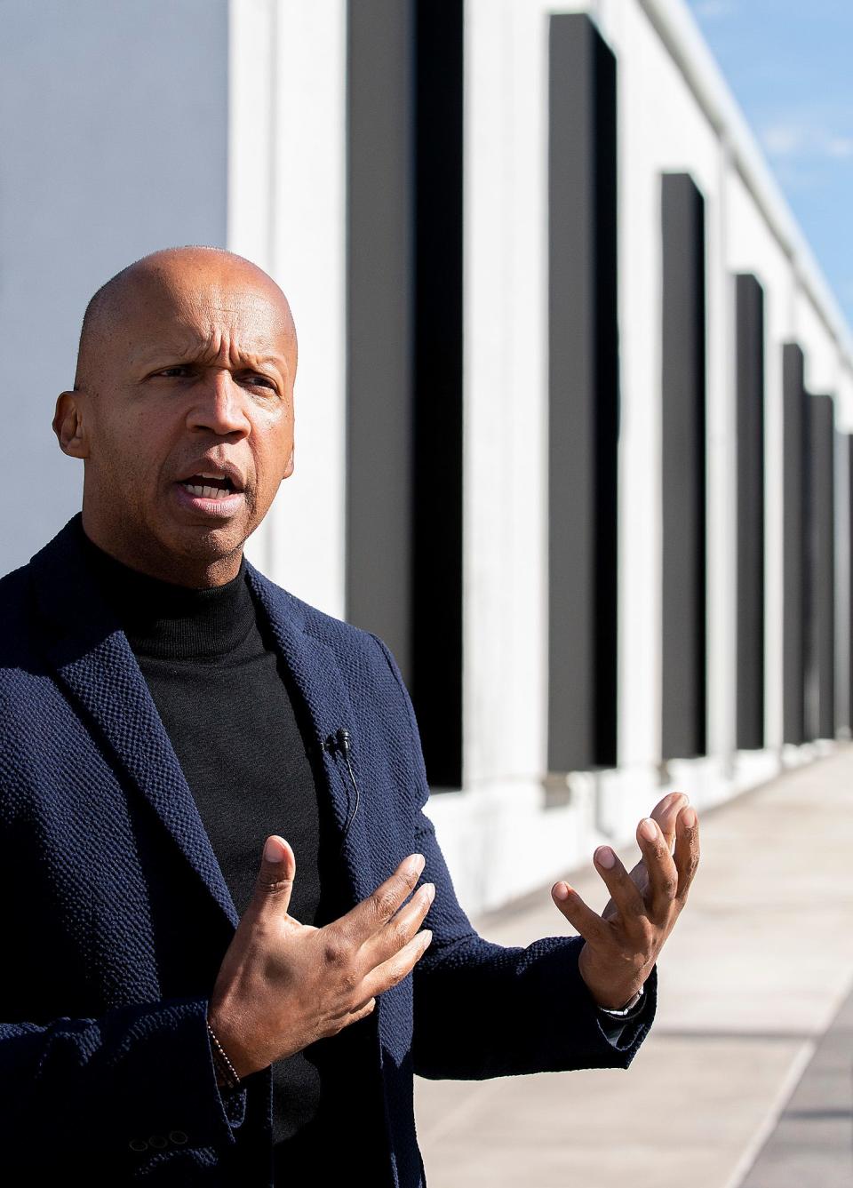 EJI founder Bryan Stevenson speaks with the media at the EJI Legacy Pavilion in Montgomery, Ala., on Friday January 17, 2020. The Pavilion, which houses the EJI ticket office, a gift shop, a restaurant, a coffee shop, civil rights displays and a shuttle stop for the Legacy Museum and the Peace and Justice Memorial opens on Saturday January 18, 2020.