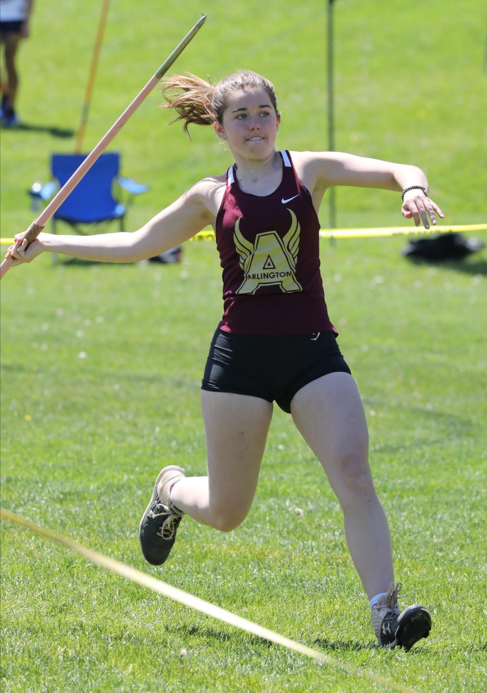 Riley Cargain from Arlington competes in the girls javelin during the 45th annual Joe Wynne Somers Lions Club Invitational at Somers High School, May 6, 2023. 