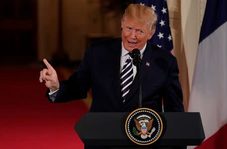 U.S. President Donald Trump speaks during his joint news conference with French President Emmanuel Macron in the East Room of the White House in Washington, U.S., April 24, 2018. REUTERS/Jonathan Ernst