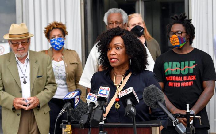 Gwen Grant, president and CEO of the Urban League of Greater Kansas City, spoke about holding the KCPD and Board of Police Commissioners more accountable for taxpayers&#x002019; dollars during a news conference in 2021 on the steps of City Hall.