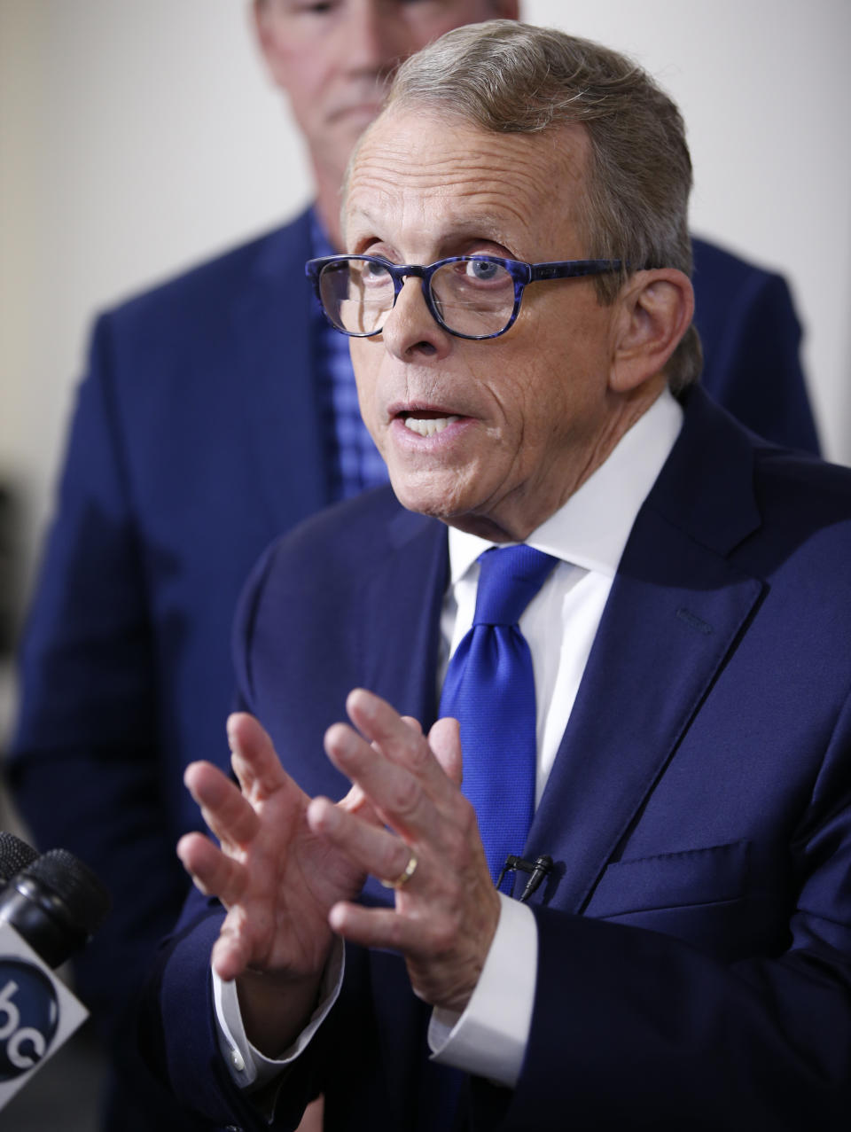 Ohio Attorney General and Republican gubernatorial candidate Mike DeWine is photographed in the spin room following a debate against Ohio Democratic gubernatorial candidate Richard Cordray at the University of Dayton Wednesday, Sept. 19, 2018, in Dayton, Ohio. (AP Photo/Gary Landers)