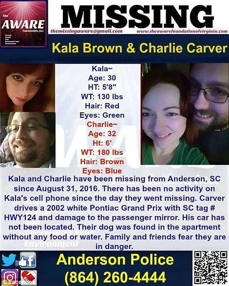 The 'missing' poster for Brown and her boyfriend Charles Carver. Brown is said to have watched as Carver was allegedly murdered by Kohlhepp in front of her. Source: Supplied.