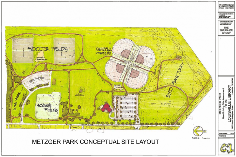 The Louisville Public Library plans to break ground on its 10,000-square-foot facility this spring. It will be located on the western side of Metzger Park, near Nickel Plate Avenue. In this conceptual site layout, the library is shown in red.