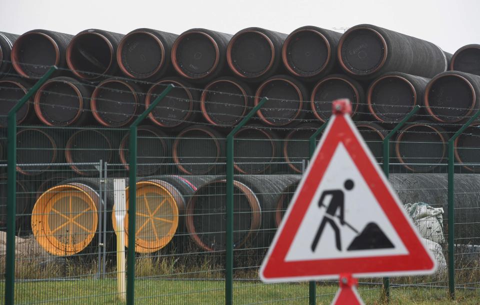 In this photo from 2019, tubes for the construction of the Nord Stream 2 pipeline are piled up at the Mukran port in Sassnitz on the Baltic Sea island of Ruegen, northeastern Germany.