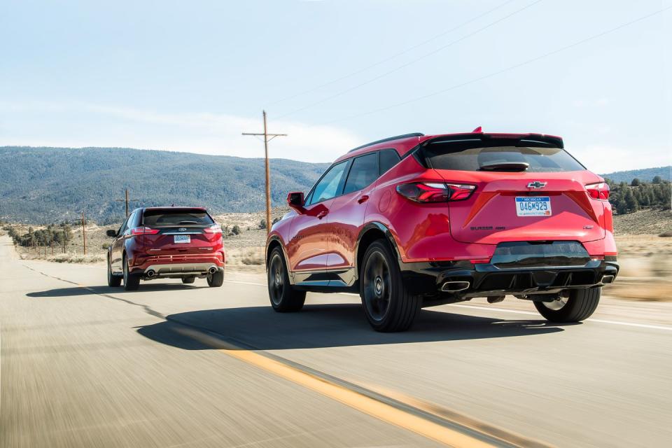 <p>Both of our test vehicles, <a rel="nofollow noopener" href="https://www.caranddriver.com/reviews/a26361520/2019-ford-edge-by-the-numbers/" target="_blank" data-ylk="slk:the top-level Edge Titanium;elm:context_link;itc:0;sec:content-canvas" class="link ">the top-level Edge Titanium</a> and the V-6–only Blazer RS, have all-wheel drive.</p>