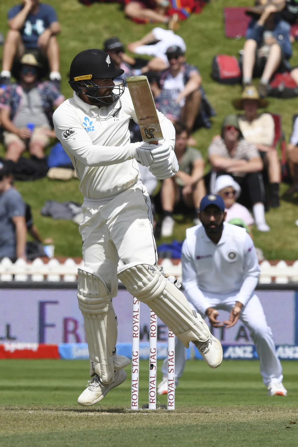 New Zealand's Tom Blundell turns the ball down legside against India during the first cricket test between India and New Zealand at the Basin Reserve in Wellington, New Zealand, Saturday, Feb. 22, 2020. (AP Photo/Ross Setford)