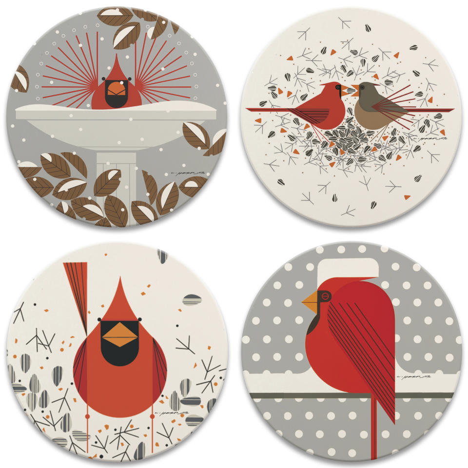 This image provided by Charley Harper Art Studio shows a set of coasters. Harper's eye-catching, playful cardinal images are among his most popular. (Charley Harper Art Studio/Ross van Pelt Photography via AP)