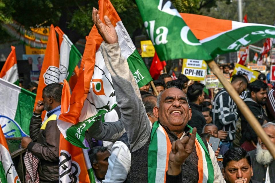 Activists shout slogans during a December 2023 protest in Delhi against the suspension of lawmakers belonging to an opposition grouping of 26 parties (Arun Sankar/ AFP via Getty Images)