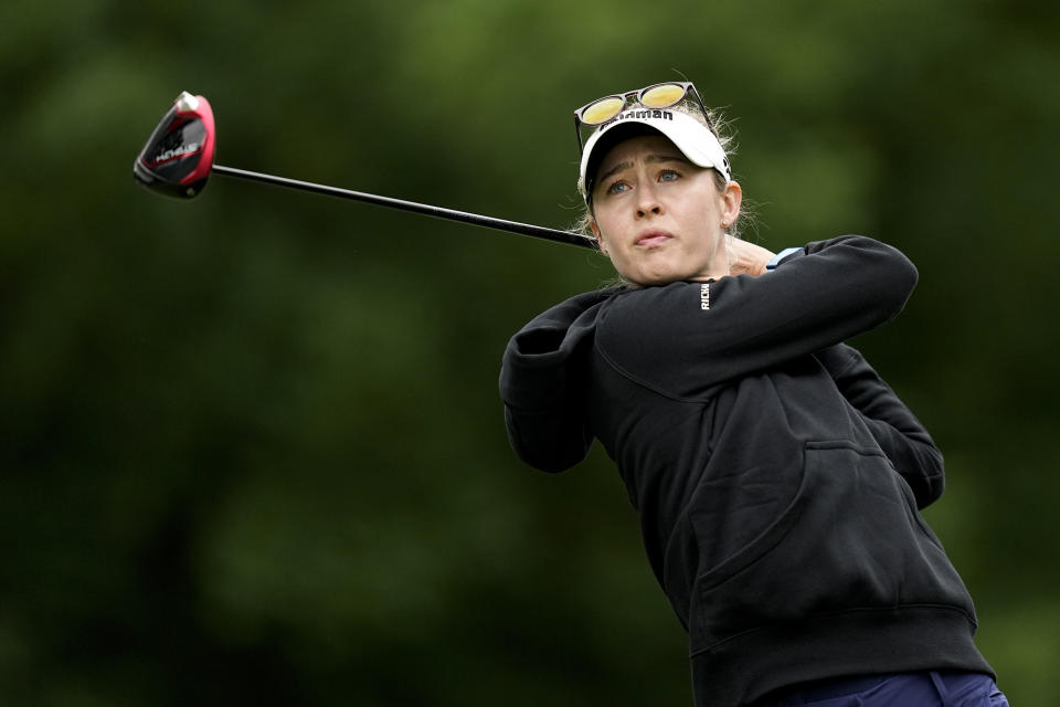 Nelly Korda watches her tee shot on the second hole during the final round of the Chevron Championship women's golf tournament at The Club at Carlton Woods on Sunday, April 23, 2023, in The Woodlands, Texas. (AP Photo/Eric Gay)