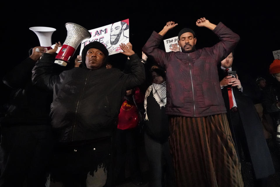 Protesters march Friday, Jan. 27, 2023, in Memphis, Tenn., as authorities release police video depicting five Memphis officers beating Tyre Nichols, whose death resulted in murder charges and provoked outrage at the country's latest instance of police brutality. (AP Photo/Gerald Herbert)