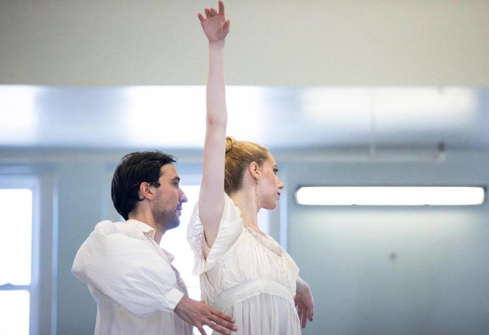 Eric Trope and Kayleigh Western rehearse at the LexArts building in downtown Lexington, Ky., on Monday, Feb. 5, 2024, for Lexington Ballet Company’s upcoming performance of Love Stories at the Opera House. The productions will be a mixed repertoire presenting a variety of “love stories” featuring Emmy Award winner Kentuckian Ben Sollee and guest choreographer Eric Trope.