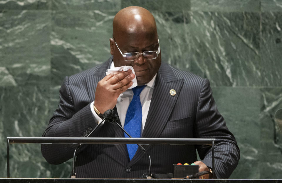 Democratic Republic of Congo President Felix Tshisekedi addresses the 76th Session of the U.N. General Assembly, Tuesday, Sept. 21, 2021. (Eduardo Munoz/Pool Photo via AP)