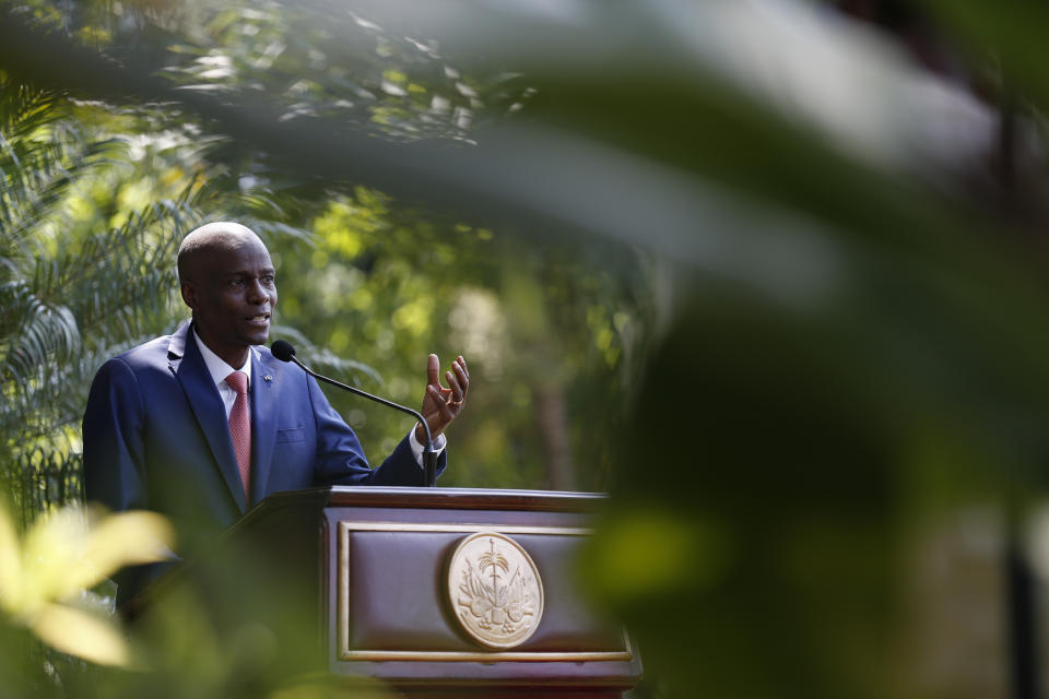 FILE - In this Oct. 15, 2019 file photo, President Jovenel Moïse speaks during a press conference at the National Palace in Port-au-Prince, Haiti. Moïse said during a radio interview on Monday, Oct. 28, 2019, that he has asked the U.S. government for humanitarian assistance as protesters demanding his resignation took to the streets in the seventh week of demonstrations that have shuttered many schools and businesses across the country. (AP Photo/Rebecca Blackwell, File)