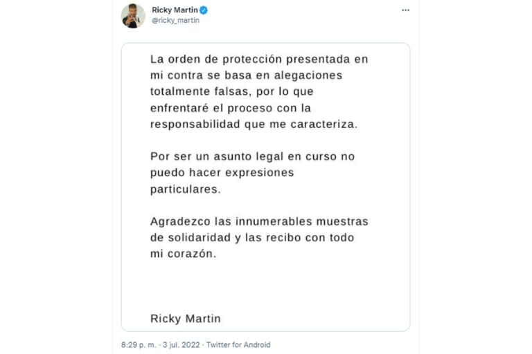 El mensaje de Ricky Martin tras las acusaciones en su contra (Foto: twitter @ricky_martin)