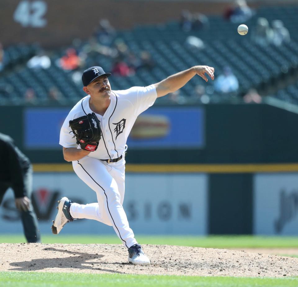 Tigers reliever Tyler Alexander pitches against the Guardians during the sixth inning on Wednesday, April 19, 2023, at Comerica Park.
