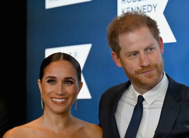 Prince Harry, Duke of Sussex, and Meghan, Duchess of Sussex, arrive at the 2022 Robert F Kennedy Human Rights Ripple of Hope Award Gala at the Hilton Midtown in New York on 6 December 2022 (AFP via Getty Images)