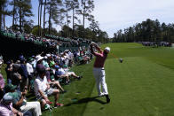 Hideki Matsuyama, of Japan, tees off on the 14th hole during a practice round for the Masters golf tournament on Monday, April 4, 2022, in Augusta, Ga. (AP Photo/Jae C. Hong)