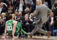 Oct 17, 2017; Cleveland, OH, USA; Boston Celtics forward Gordon Hayward (20) sits on the court after injuring his ankle during the first half against the Cleveland Cavaliers at Quicken Loans Arena. Mandatory Credit: Ken Blaze-USA TODAY Sports