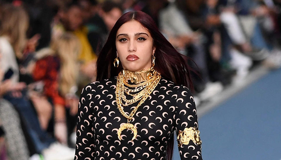 Lourdes Leon presents a creation by Marine Serre during the Menswear Ready-to-wear Spring-Summer 2023 Fashion Week in Paris on June 25, 2022. (Julien De Rosa / AFP - Getty Images)