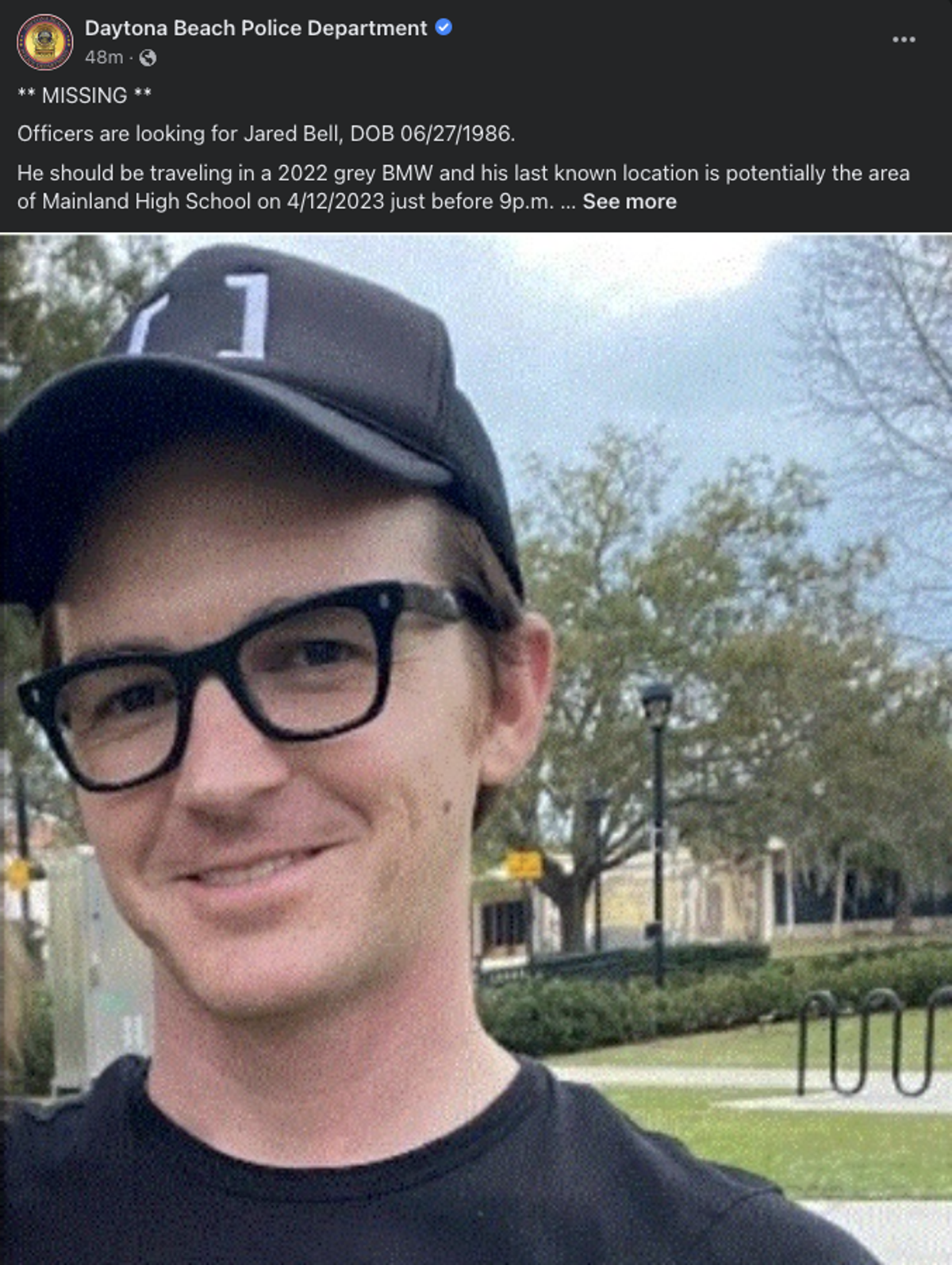 Drake Bell reported missing (Daytona Beach Police Department Facebook page)