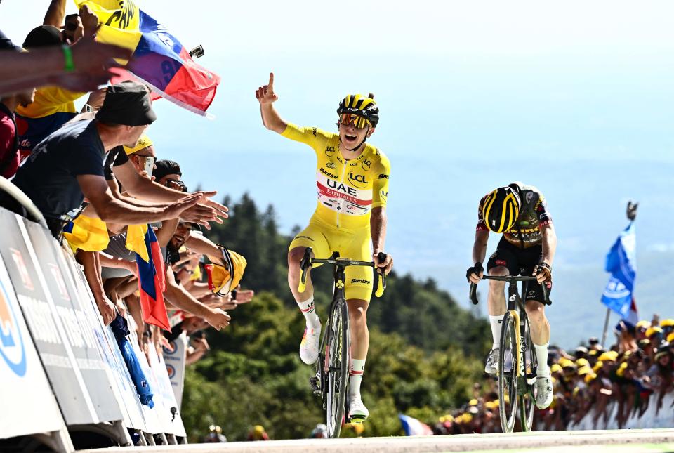 Tadej Pogacar celebrates as a devastated Jonas Vingegaard sinks (AFP via Getty Images)