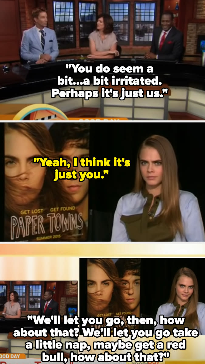 Meme of a female celebrity's various interview moments expressing annoyance. Text overlays mimic a humorous, tense conversation