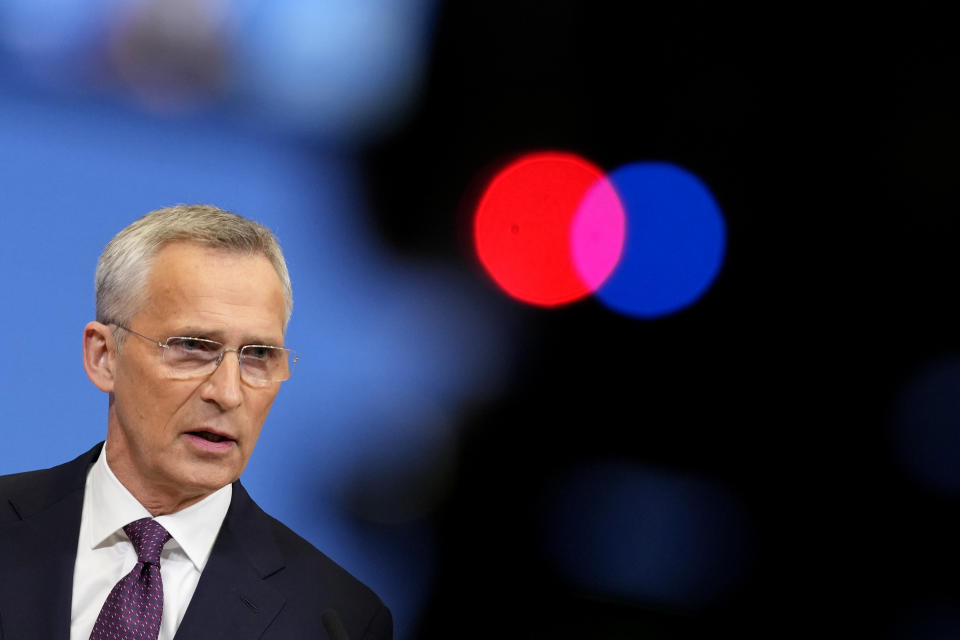 FILE - NATO Secretary General Jens Stoltenberg speaks during a pre-ministerial media conference at NATO headquarters in Brussels, Wednesday, June 14, 2023. As the Russian invasion of Ukraine continues with no end in sight, NATO's much-celebrated unity faces fresh strains when leaders gather for their annual summit this week in Vilnius, Lithuania. Disagreements have been stacking up over admitting Sweden as NATO's 32nd member, boosting military spending and finding a new secretary general. (AP Photo/Virginia Mayo, File)