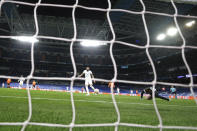 Real Madrid's Karim Benzema scores the opening goal during a Group D Champions League soccer match between Real Madrid and Shakhtar Donetsk at the Santiago Bernabeu stadium in Madrid Spain, Wednesday, Nov. 3, 2021. (AP Photo/Manu Fernandez)