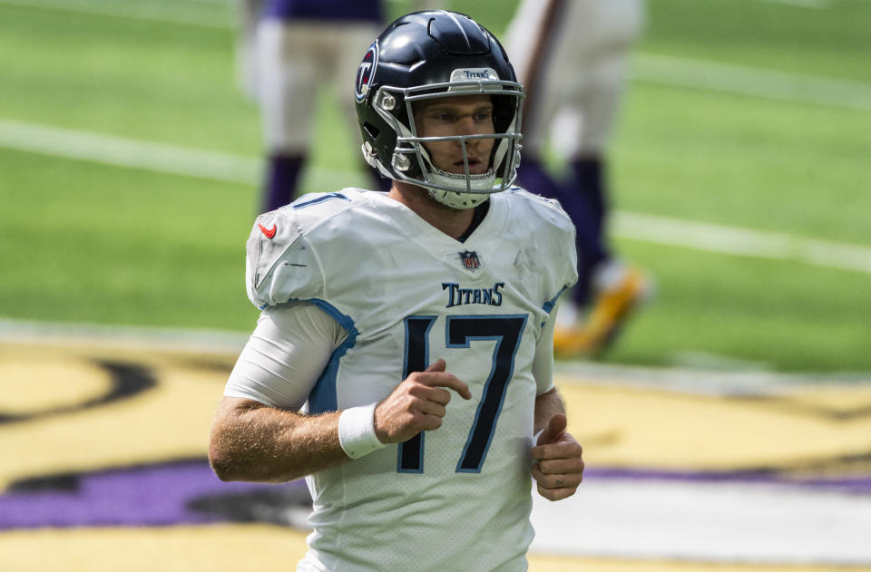 MINNEAPOLIS, MN - SEPTEMBER 27: Ryan Tannehill #17 of the Tennessee Titans jogs to the sidelines during a timeout in the second quarter of the game against the Minnesota Vikings at U.S. Bank Stadium on September 27, 2020 in Minneapolis, Minnesota. (Photo by Stephen Maturen/Getty Images)