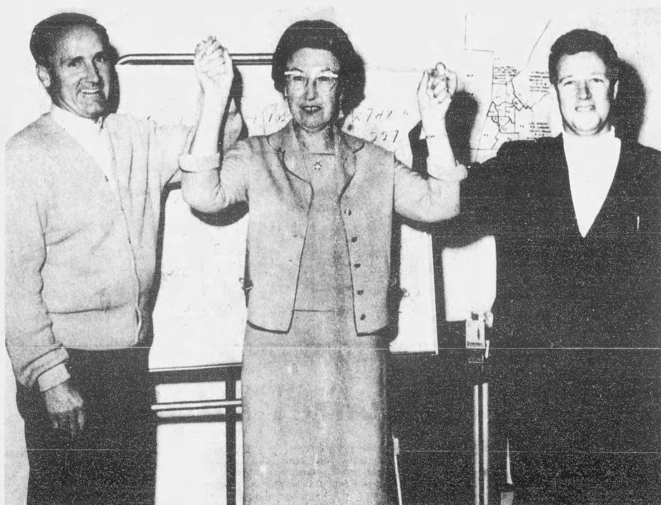 A 1968 photo shows, left to right, Victorville City Council election campaign winners Paul Smith, incumbent Gladys Butts and David Brownell.