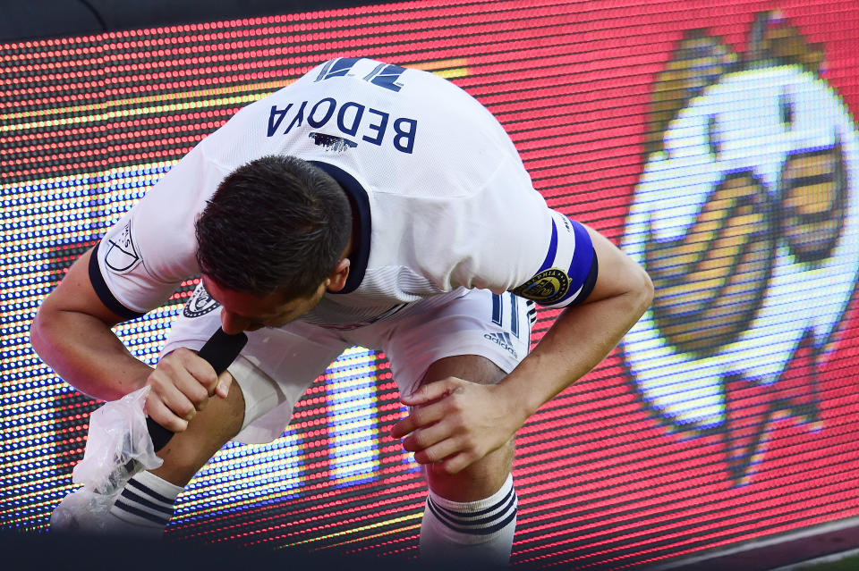 Alejandro Bedoya of Philadelphia Union yells into a television microphone after scoring a goal in the first half against the D.C. United at Audi Field on Sunday in Washington, DC.