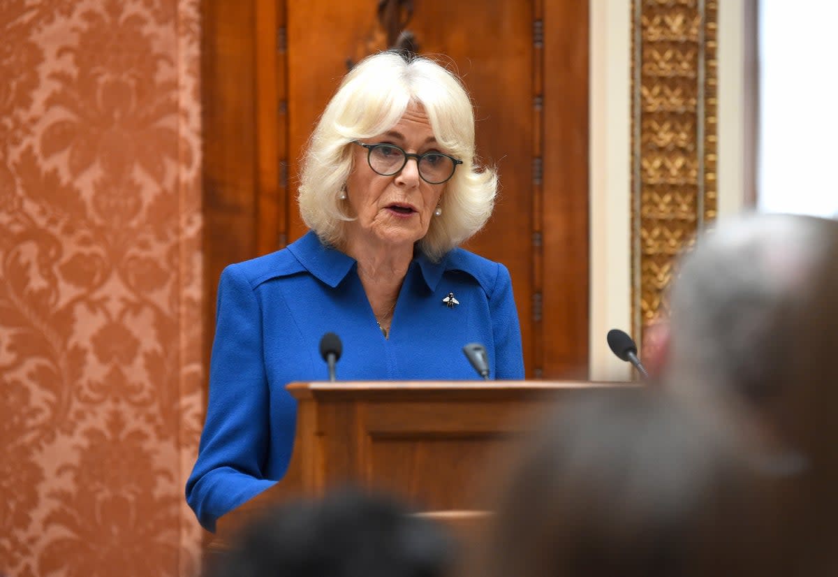 Queen Camilla speaking at Buckingham Palace during a reception celebrating the Wash Bags Project which helps people affected by rape and sexual abuse (AP)