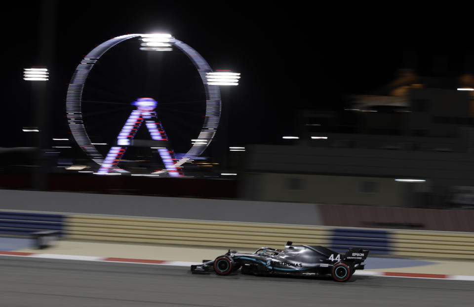 Mercedes driver Lewis Hamilton of Britain steers his car during qualifying session at the Formula One Bahrain International Circuit in Sakhir, Bahrain, Saturday, March 30, 2019. The Bahrain Formula One Grand Prix will take place on Sunday. (AP Photo/Luca Bruno)