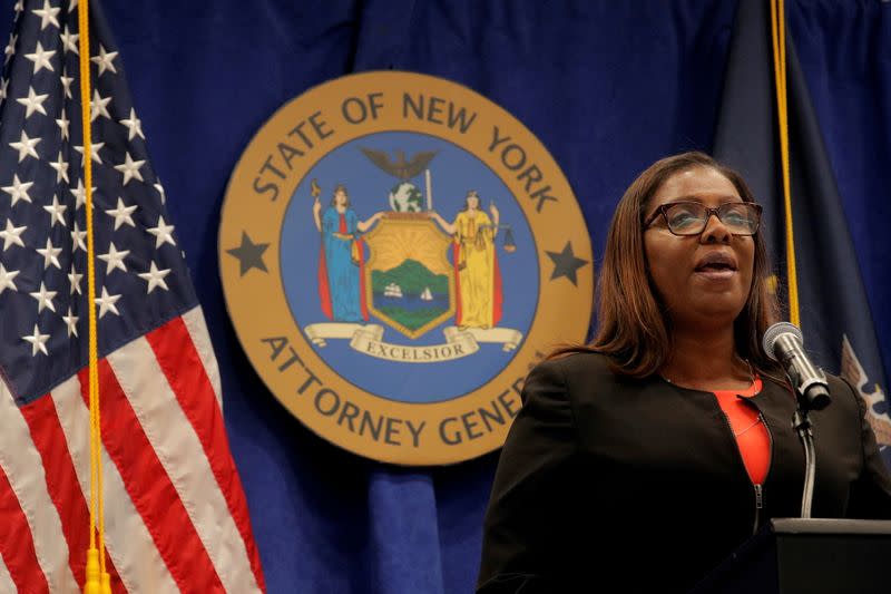 FILE PHOTO: New York State Attorney General, Letitia James, speaks during a news conference, to announce a suit to dissolve the National Rifle Association, In New York