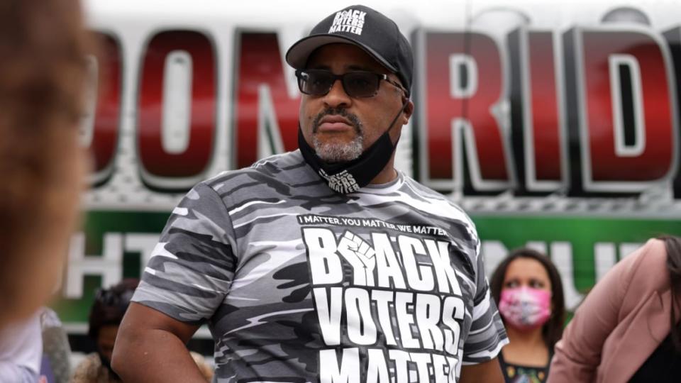 Cliff Albright, co-founder and executive director of Black Voters Matter, speaks during an August 2021 demonstration on voting rights outside the National Museum of African American History and Culture in Washington, D.C. Black Voters Matter recently established the Black Reparations Fund to support local initiatives and ensure Black people get compensated for the ongoing damages of slavery. (Photo: Alex Wong/Getty Images)