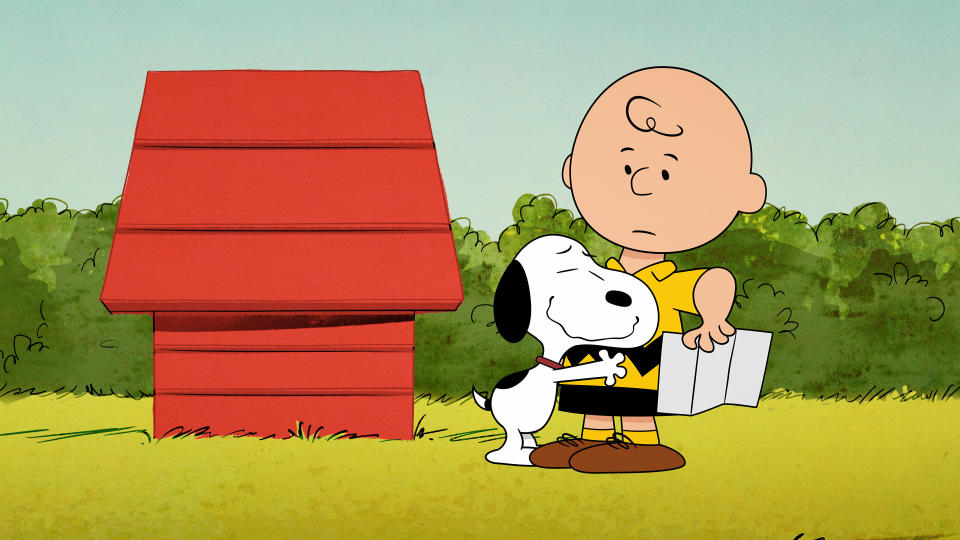 This image released by Apple shows animated characters Snoopy, left, and Charlie Brown from the original series "The Snoopy Show," premiering Feb. 5 on Apple TV+. (Apple via AP)