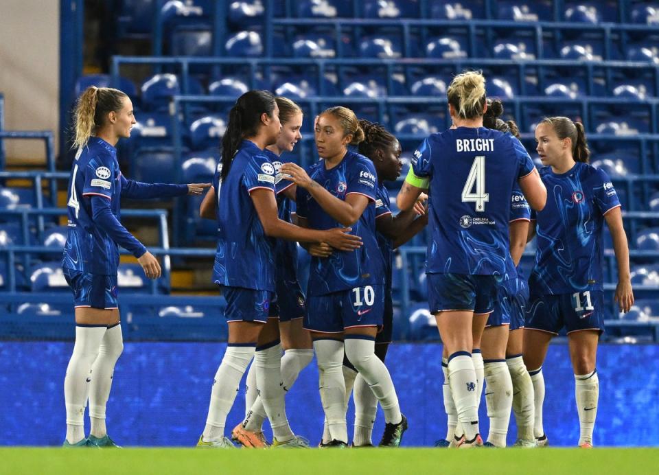 Mayra Ramirez of Chelsea celebrates with her teammates after scoring her team's third goal  (Getty Images)