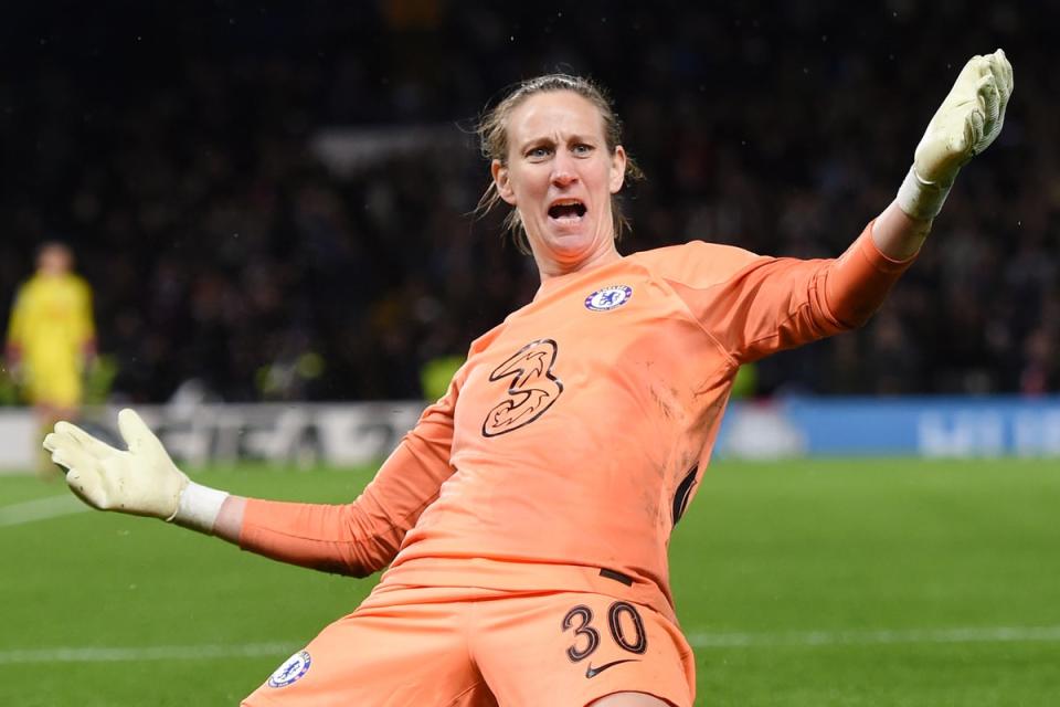 Penalty hero: Ann-Katrin Berger saved two-spot kicks as Chelsea dumped Lyon out of the Champions League quarter-finals  (Chelsea FC via Getty Images)